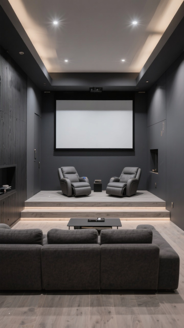 Medium shot: A compact home theater with a fixed projector screen on a charcoal wall, staggered seating with a deep sectional in the front and a second-row platform with low-profile recliners,
