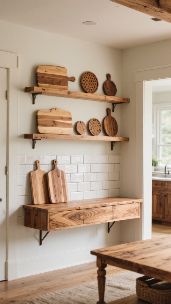 Medium shot: A farmhouse kitchen wall with floating wood shelves displaying cutting boards and wood trivets leaned against a subway-tile backsplash. Below, a console with a wood top and visible grain; a wood coffee table is partially visible in the adjacent room to show mixed wood tones. Soft warm daylight, no harsh reflections, emphasizing the warmth and grain of real-looking wood. Photorealistic, three-quarter angle.