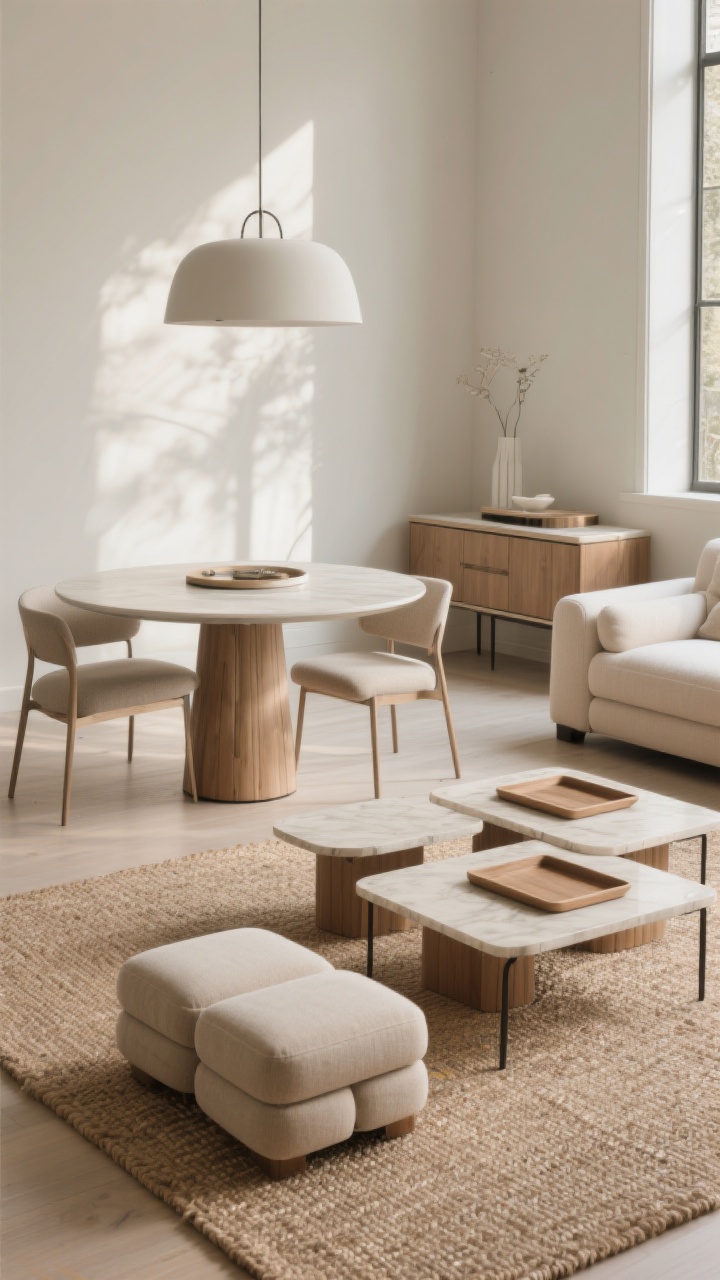 Medium shot: A flexible furniture vignette featuring an extendable round pedestal dining table kept compact beside a slender console behind a sofa that doubles as a buffet; nesting coffee tables partially expanded on an airy jute rug; two upholstered ottomans with trays acting as coffee table and extra seating; slim silhouettes with open bases and leggy chairs to let light pass through; soft afternoon light, corner angle for depth, photorealistic.