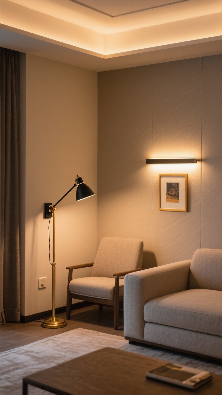 Medium shot: A living room corner demonstrating three layers of light—ambient glow from a brass floor lamp, task lighting from a black swing-arm wall lamp over a chair, and accent lighting from a slim picture light illuminating framed art—warm LED bulbs at 2700–3000K and a visible dimmer switch on the wall create boutique hotel warmth; no overhead glare