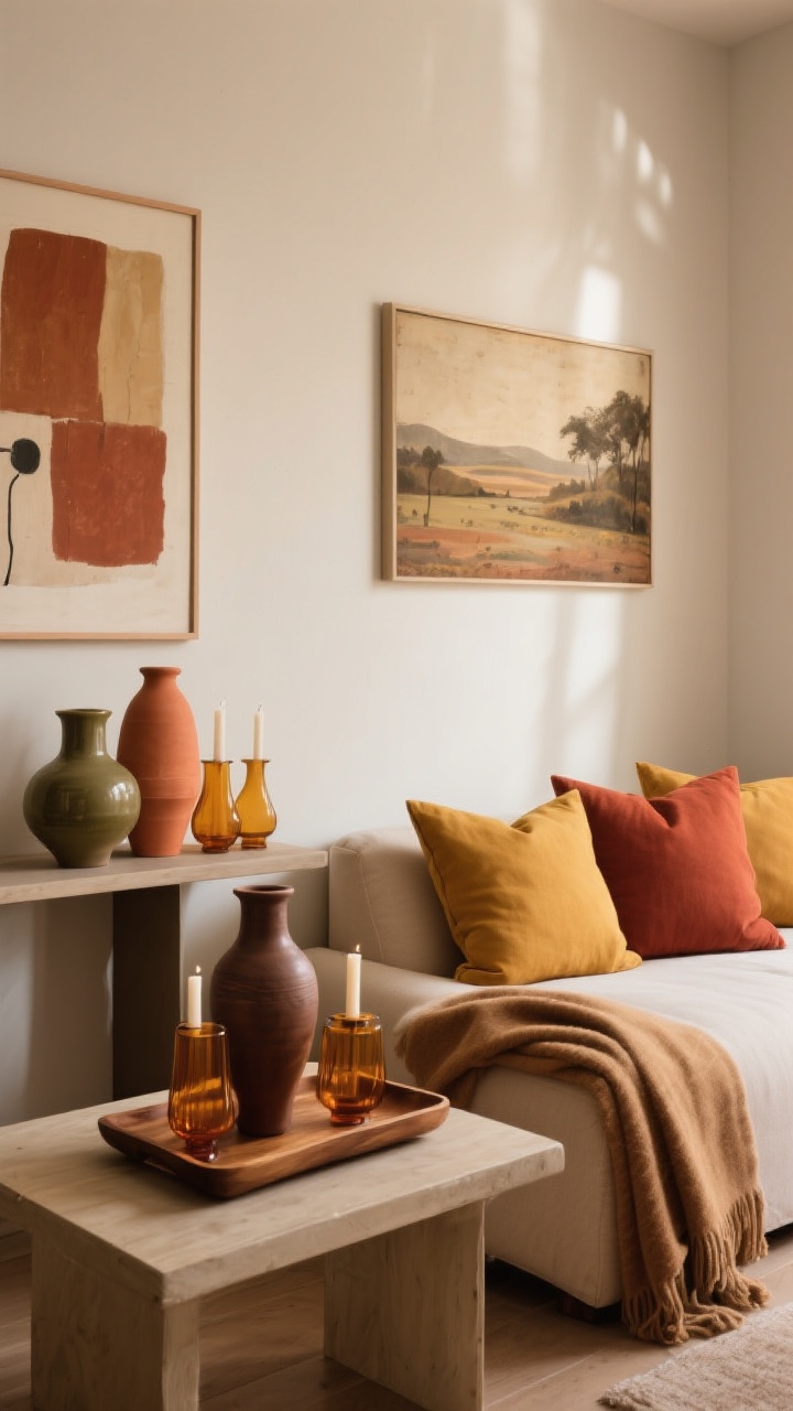 Medium shot: A living room corner updated with warm, earthy tones—rust and mustard pillowcases on a light sofa, a camel throw, ceramic vases on a wood tray, and amber glass candleholders on a console. On the wall, swap in muted abstract art and a vintage landscape; a small terracotta accent repeated in a pillow, a vase, and a throw for cohesion. Color palette: rust, ochre, olive, espresso, camel, terracotta. Warm, indirect daylight; slight corner angle.