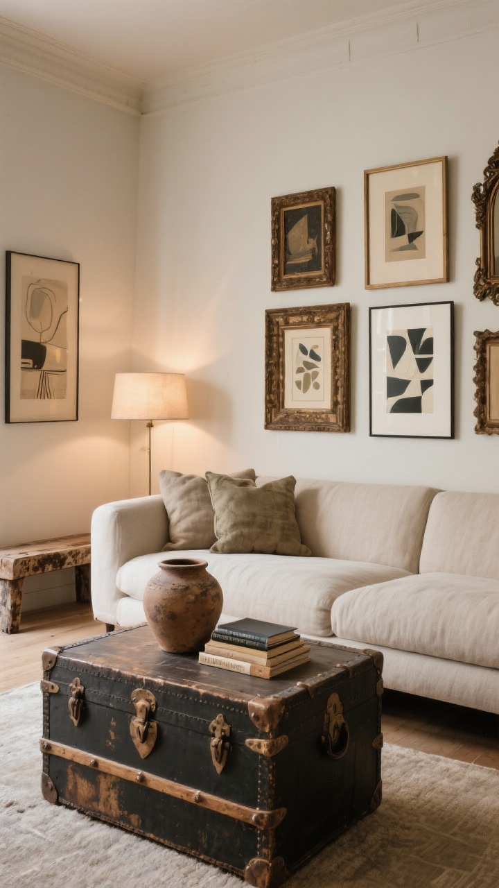 Medium shot: A living room mix of old and new—clean-lined neutral sofa paired with a vintage trunk as a coffee table, topped with a crusty clay pot and books. On the wall, antique frames surrounding modern art prints for an unexpected twist. Include a timeworn bench off to the side to hint at collected character. Warm, cozy ambient lighting; photorealistic, slightly off-center composition.