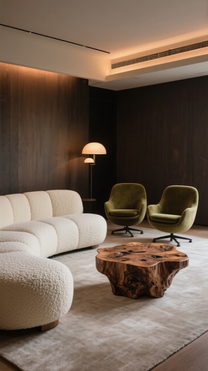 Medium shot: A low-slung, curved sectional in cream boucle with hidden legs forming a lounge-y conversation pit; paired with a chunky walnut burl coffee table; two velvet tub swivel chairs in olive nearby; warm, moody ambient lighting that invites napping; camera at seating height from a corner angle, photorealistic.