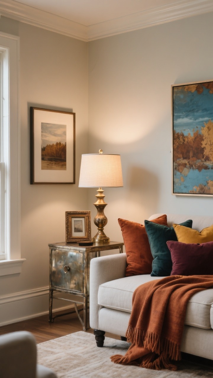 Medium shot: A refined fall living room corner showcasing a warm, layered color palette. Base neutrals in the furniture and walls (cream, greige, soft taupe), accented with pillows and a throw in rust, burnt umber, olive, merlot, ochre, and a hint of deep navy. Metal accents appear as antique brass or aged bronze in a table lamp base and picture frame. Art on the wall swaps summer blues for earthy tones. Tonal option visible with caramel-sand-chocolate textiles. Soft, warm lighting (2700–3000K), photorealistic, no people.