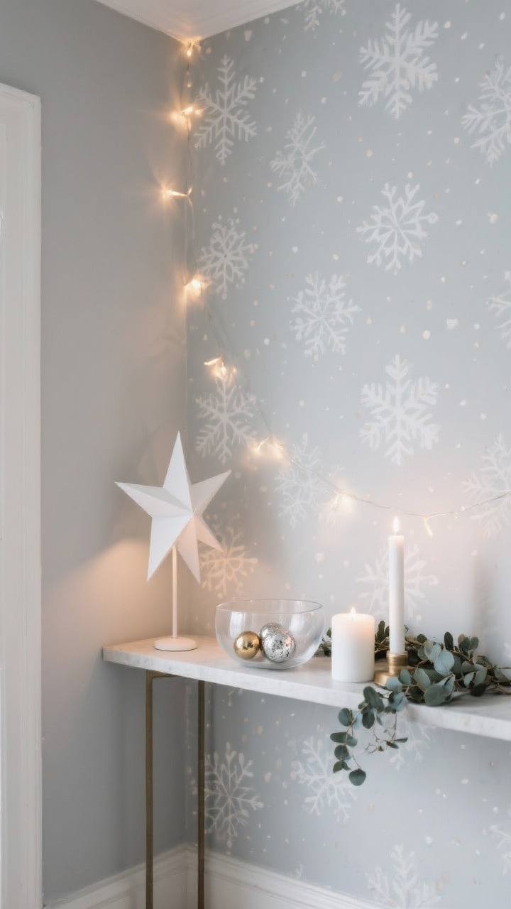 Medium shot: A serene small-space nook with tone-on-tone pale grey watercolor snowflake/dot wallpaper on dove grey, softly glowing with warm fairy lights and a paper star lamp. Style with glass ornaments in a clear bowl, white pillar candles, and a simple eucalyptus garland on a slim console. Subtle metallic specks in the wallpaper catch the light; calm, minimalist mood, corner angle, photorealistic.
