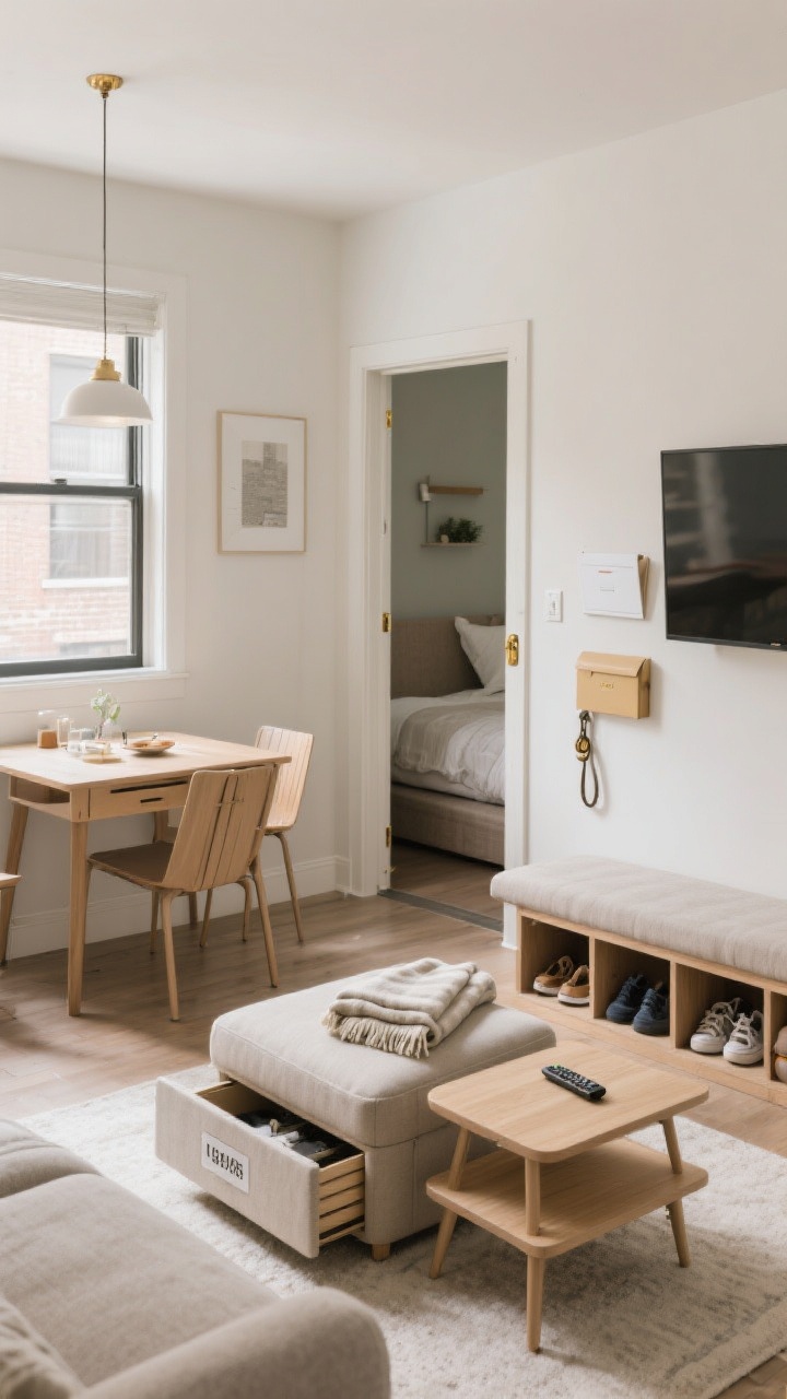 Medium shot: A small apartment living area highlighting multipurpose heroes—a storage ottoman holding a folded throw and remote, nesting tables partially pulled apart for flexible use, a drop-leaf table against the wall set as a console with the leaves ready to open for dining, under-bed drawers labeled for storage seen in the adjacent sleeping nook, and a bench with cubbies by the entry corralling shoes, leash, and mail; neutral tones with subtle brass hardware, natural daylight, photorealistic.