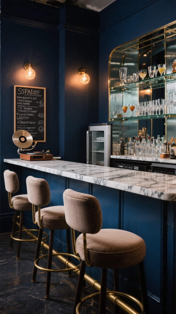 Medium shot: A speakeasy-inspired basement bar with a dark navy backdrop and warm ambient glow, back bar featuring glass shelves in front of a reeded glass mirrored backsplash, a waterfall-edge quartz counter with dramatic veining, undercounter fridge and slim ice maker tucked in, upholstered bar stools with backs and a brass foot rail, a chalkboard cocktail menu and vintage glassware alongside a mid-century record player, photorealistic, three-quarter angle.