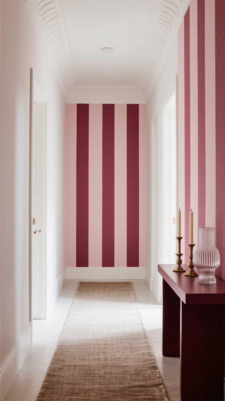 Medium shot: A stylish hallway with vertical candy-stripe wallpaper—blush and burgundy for a chic twist—visually lifting the ceiling. Ground the look with a solid neutral runner rug and a solid-tone console table. Echo the linear motif with tapered candles and ribbed glass decor atop the console; balanced natural light, straight-on view, photorealistic.