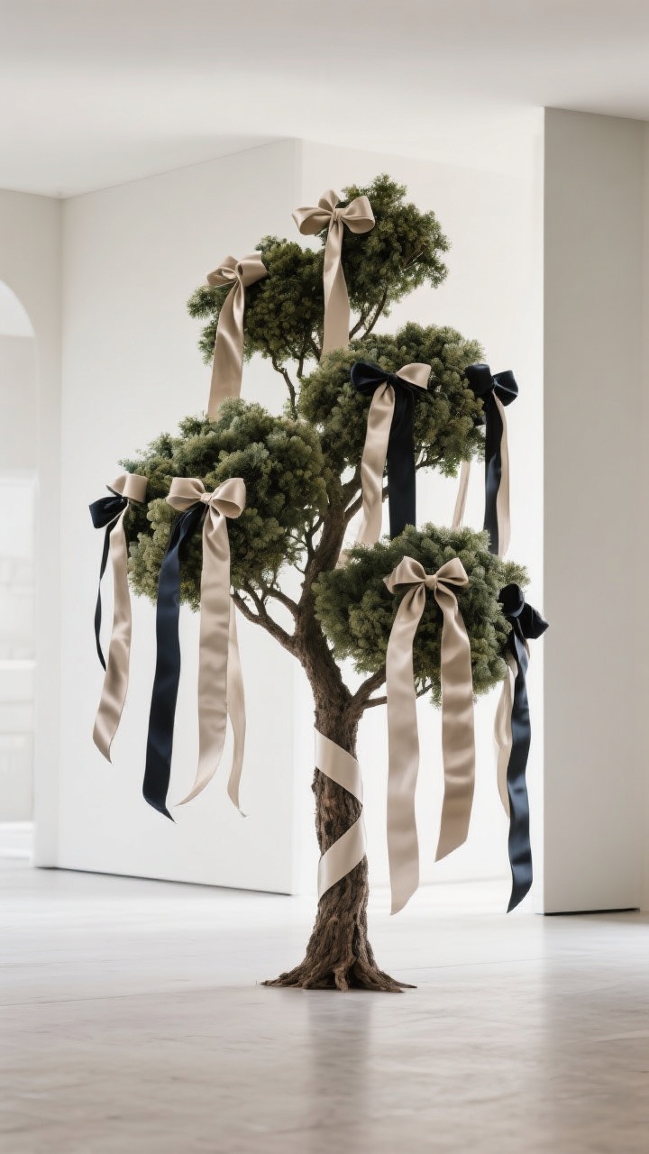 Medium shot: A tree styled with designer-like ribbon—cascading tails and tucked ribbon clusters rather than a spiral; two widths visible (