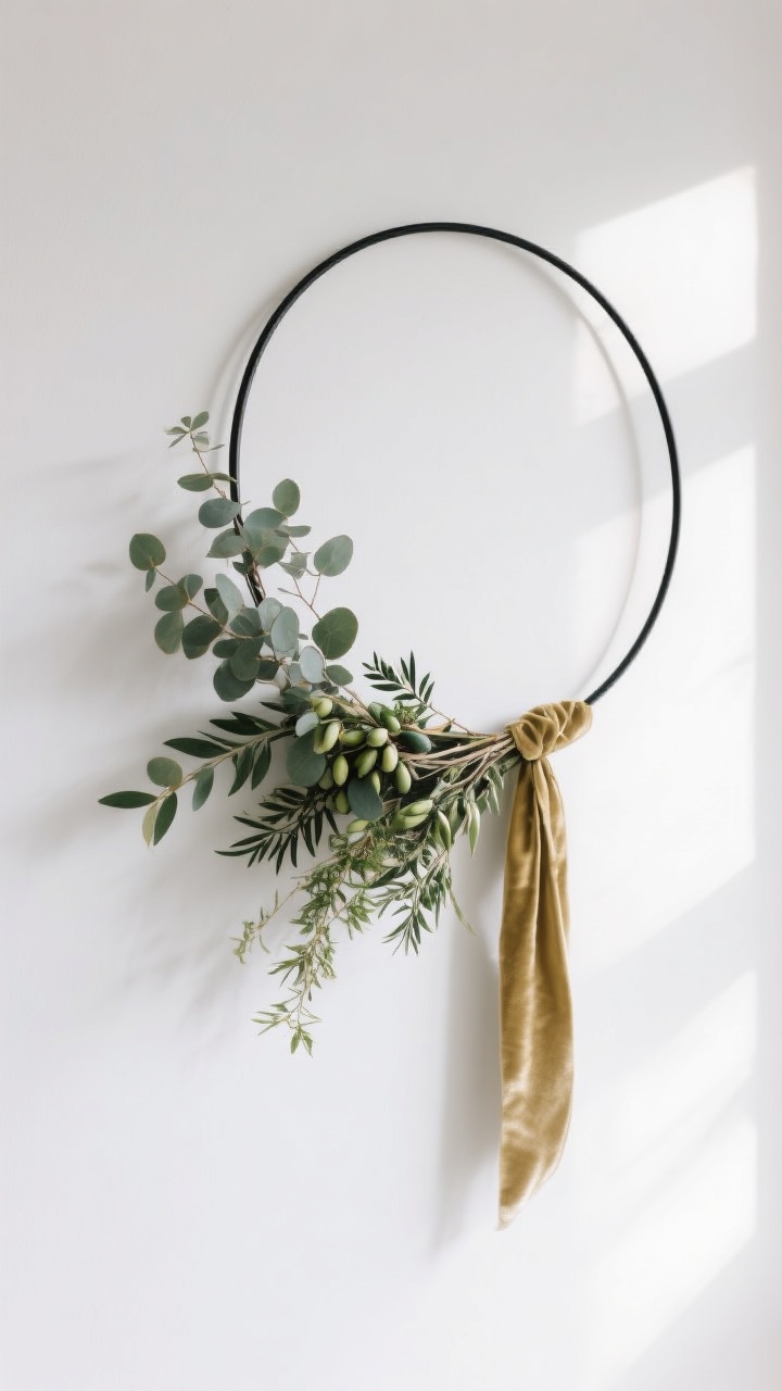 Medium shot, architectural minimalism: a thin black metal hoop (about 16 inches) against a white wall; asymmetrical greenery cluster of eucalyptus, Italian ruscus, and olive branches arranged off-center; a single focal element—an oversized matte ornament in muted gold—or a slender velvet ribbon tail; ample negative space on one side; crisp daylight with soft shadows to emphasize the airy silhouette; photorealistic
