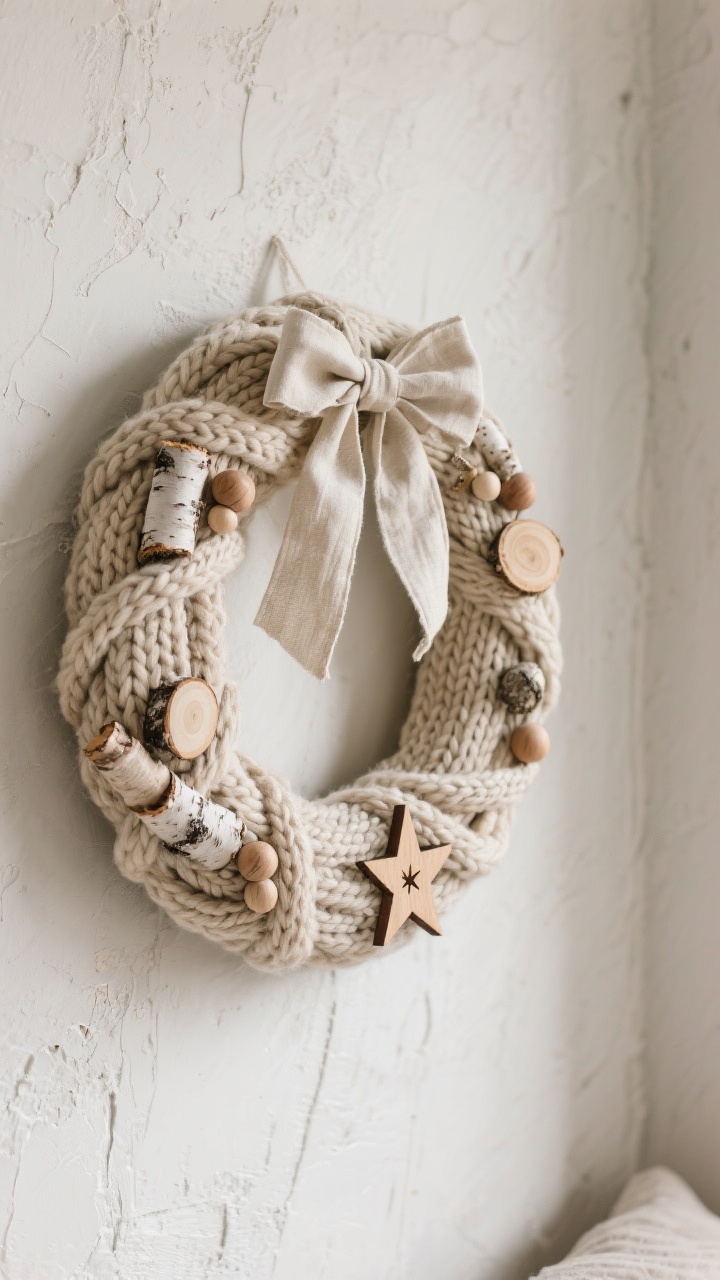 Medium shot at a slight corner angle of a Nordic textile-forward wreath on a neutral plaster wall; wreath form wrapped in chunky oatmeal-colored yarn or cable-knit sleeve; natural elements like mini birch slices, wooden beads, and carved wooden stars; neutral linen ribbon bow; palette of oatmeal, cream, and soft gray, hygge warmth; soft ambient lighting that highlights knit texture and raw wood grain; photorealistic