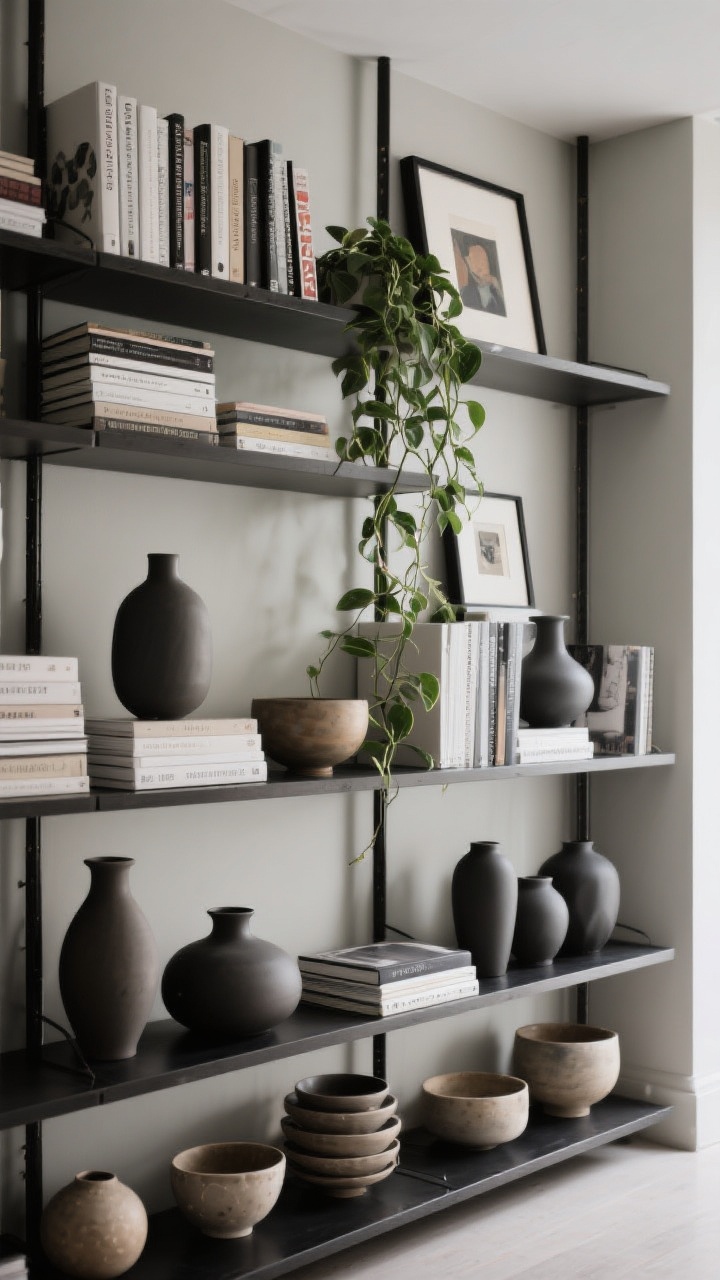 Medium shot: Bookshelf styled like a design shop—books stacked horizontally and vertically, grouped vases and bowls in odd numbers, a trailing pothos plant softening edges, and small framed art leaning at the back for depth; darker objects grounded on lower shelves, with intentional negative space and balanced repetition across levels