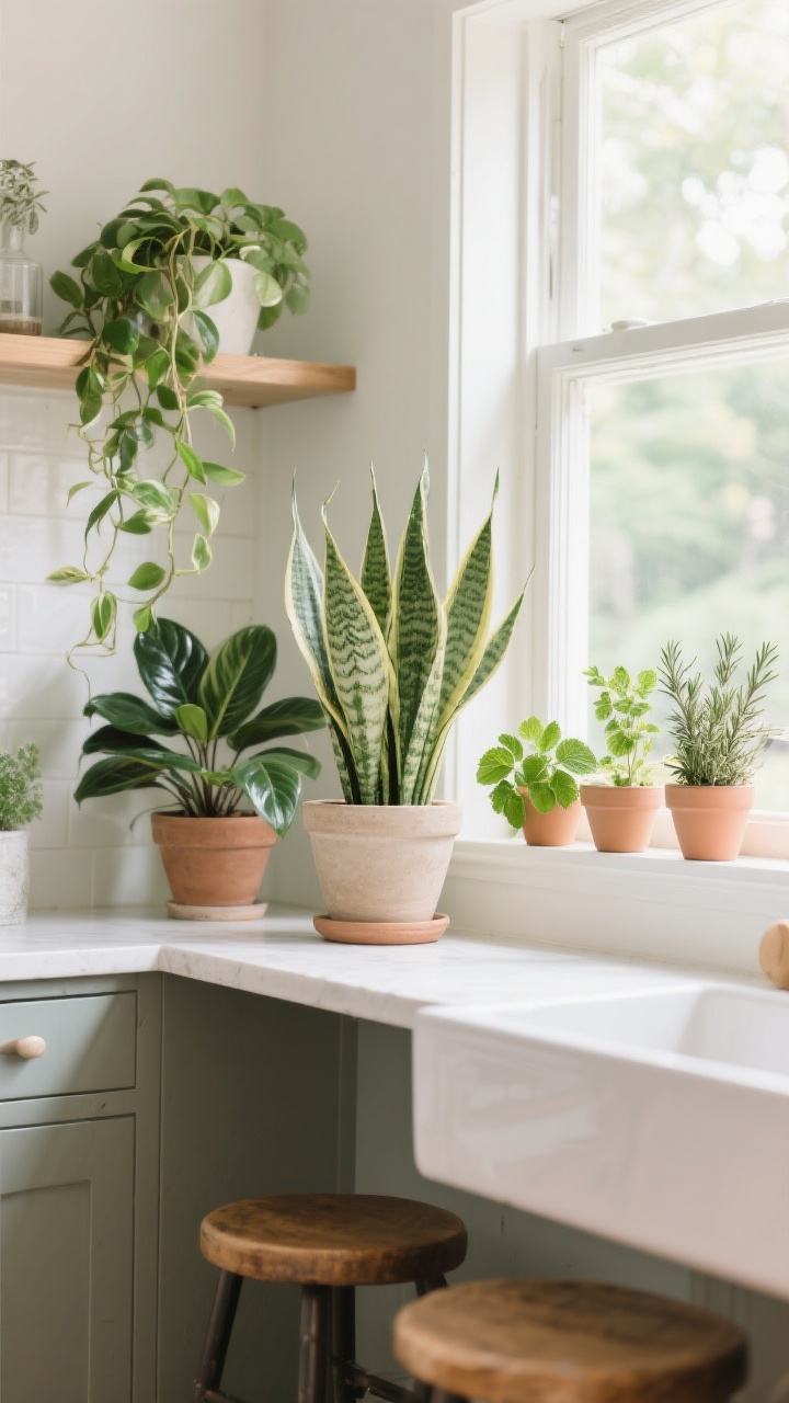 Medium shot by a window: A cluster of resilient indoor plants bringing the outdoors in—snake plant in a matte clay planter, trailing pothos on a shelf, glossy-leaved ZZ plant in a sand-toned pot, and a trio of herbs (basil, mint, rosemary) on a sunny kitchen sill; planters echo accent colors from the room; placed on stools, shelves, and the sill to soften corners; bright, fresh daylight, photorealistic.