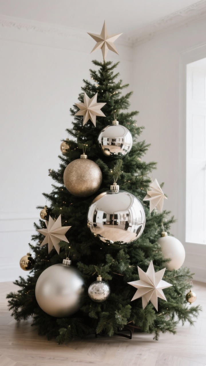 Medium shot: Christmas tree featuring oversized statement ornaments—large baubles and finials, plus a few giant paper stars; big ornaments placed deeper inside the tree to create visual depth; clusters of three ornaments with varied sizes and finishes balanced from top to bottom and left to right; soft, even lighting to showcase reflective and matte surfaces, photorealistic, no people.