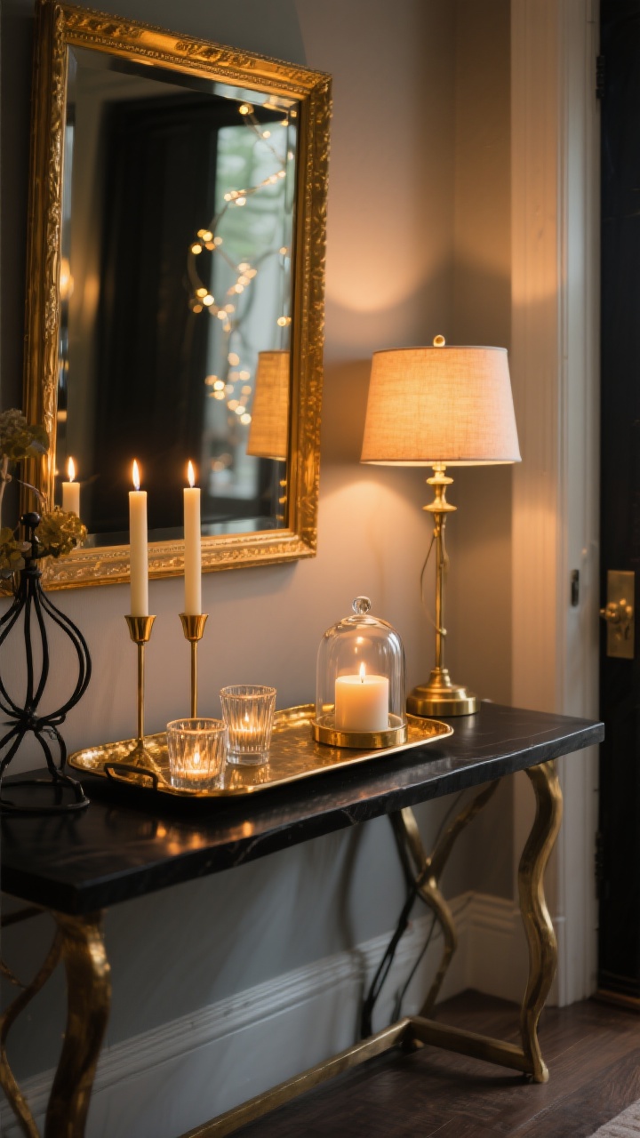 Medium shot, corner angle: A moody, glowing entry table scene emphasizing candlelight and warm metals. One table lamp with a warm 2700K bulb provides ambient light; on a hammered brass or matte black tray sit mixed candles—two brass-held tapers, a trio of glass votives, and a single 3-wick candle. Subtle metal mix of brass and black iron accents, plus a gold picture frame leaning behind. A mirror on the wall doubles the warm flicker. Optional flameless swap: LED tapers or fairy lights under a glass cloche. Golden, cozy atmosphere with pronounced highlights and reflections, photorealistic, no people.