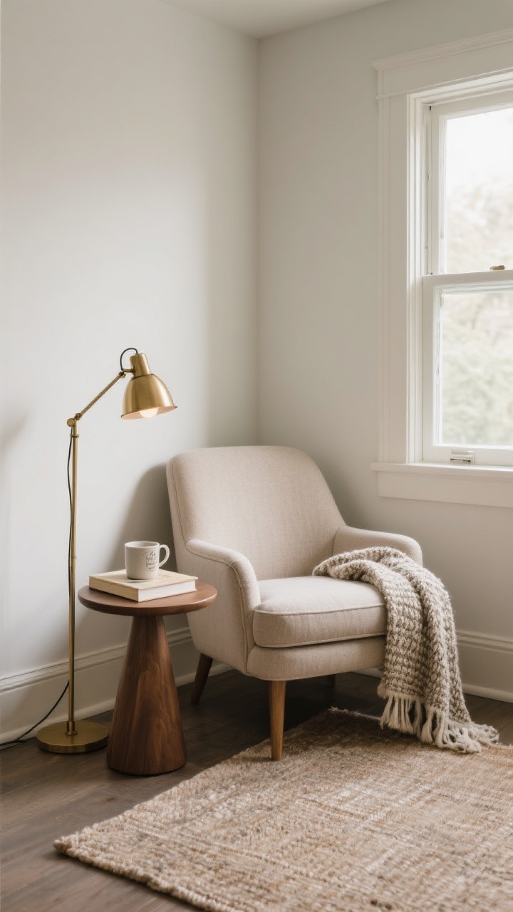 Medium shot, corner perspective: A cozy sitting nook with a petite slipper chair angled toward a window, a small round side table 10 inches from the chair arm holding a mug and book, an adjustable brass floor lamp providing glare-free task light, a textured throw draped over the chair, and a small rug defining the zone.