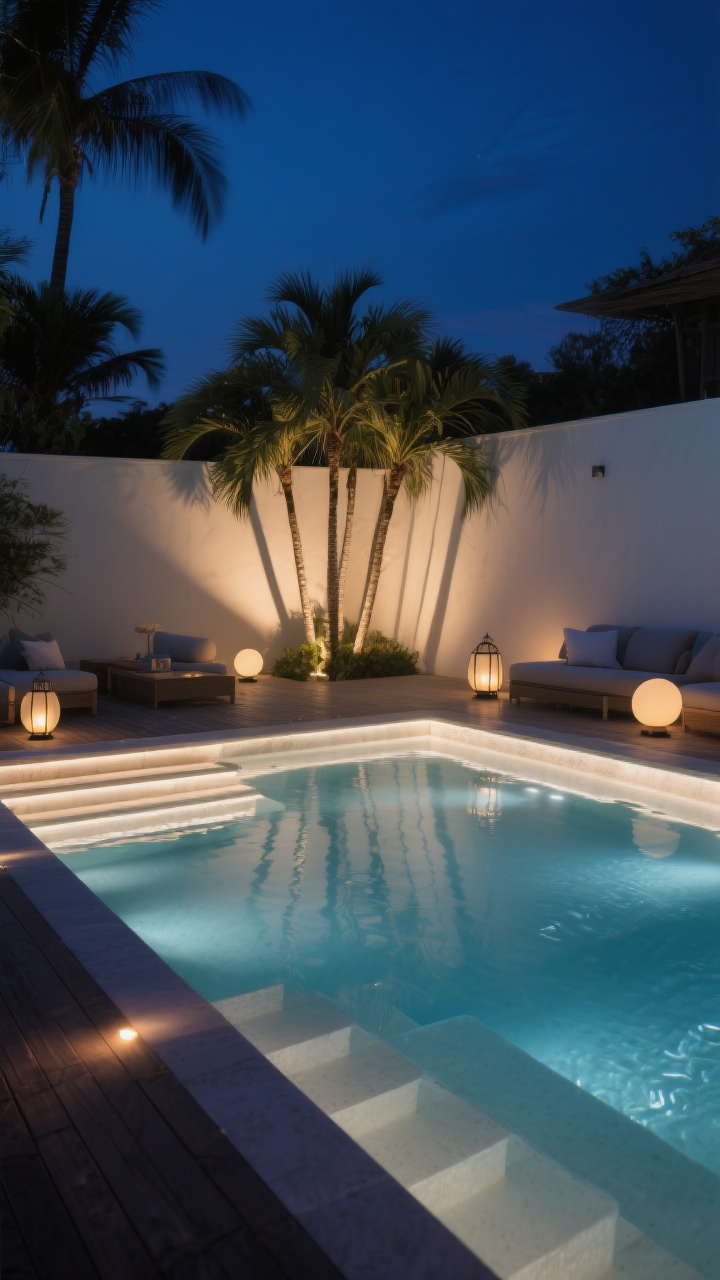 Medium shot, evening blue hour: A moody nighttime poolscape with layered lighting. In-pool LEDs set to warm white create a spa-like glow; low, hidden path and step lights graze along deck edges and risers; dramatic up-lighting highlights a cluster of palms, casting elongated shadows on a wall; portable glow orbs and lanterns dot the seating area. Subtle reflections shimmer on the water. No RGB, just refined warm ambiance, photorealistic.