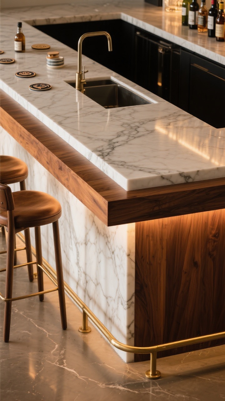 Medium shot focusing on an unforgettable, spill-proof bar top: a quartz worktop in a subtle veined pattern for the prep side, paired with a warm wood ledge on the guest side; pronounced 10–12 inch overhang providing knee room at stools; dramatic waterfall edge cascading to the floor; a slim brass foot rail along the base; ambient warm lighting that emphasizes the honed finish and soft sheen, with nearby bottles and coasters suggesting use but no people.