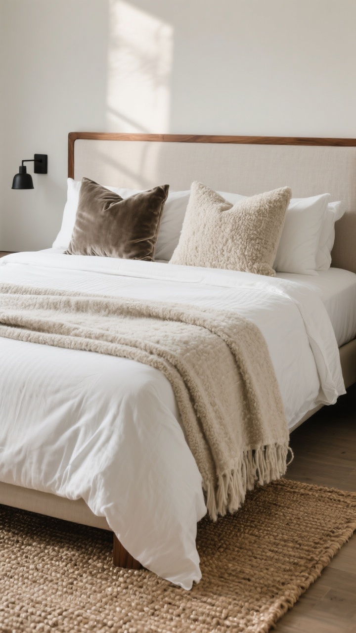 Medium shot focusing on tactile layering at the bed: crisp white sheets, a textured duvet, and a layered throw at the foot; two to three pillows in mixed fabrics—linen, velvet, and boucle—in a tight palette of warm greige, oatmeal, and soft cream; a woven jute rug under the bed to add warmth; subtle glam touches like a walnut wood frame on the headboard and a matte black sconce; soft morning light grazing the textiles to highlight weave and pile, straight-on view of the bed for boutique-hotel cohesion