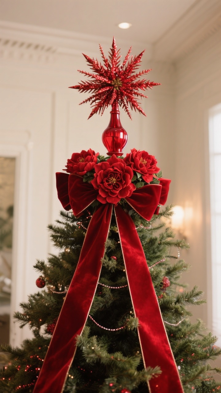 Medium shot framed on the tree’s top third with a dramatic red statement topper and restrained surroundings: choose one high-end topper concept and render it precisely—either an oversized red velvet bow with long tails cascading 2–3 feet down the tree, or a lacquer-red glass finial reaching tall, or a starburst of red metallic sprays arranged like fireworks, or a tight floral crown of red faux peonies/poinsettias. Secure with discreet floral wire. Reduce ornament density in the top quarter so the topper breathes, keeping the silhouette clean and elegant. Lighting is warm and steady, zero glitter fallout mess. Photorealistic, sophisticated composition.