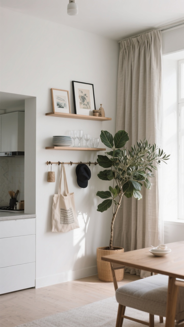 Medium shot from a corner angle: A living-dining wall showcasing maximized vertical space—two staggered gallery shelves with art and small objects, a mounted peg rail holding hats and a canvas bag, tall plant (fiddle leaf or olive tree) lifting the eye; in the kitchen zone, floating shelves with everyday plates and pretty glassware; curtains hung just below the ceiling to elongate height; bright daylight with gentle shadows, photorealistic.