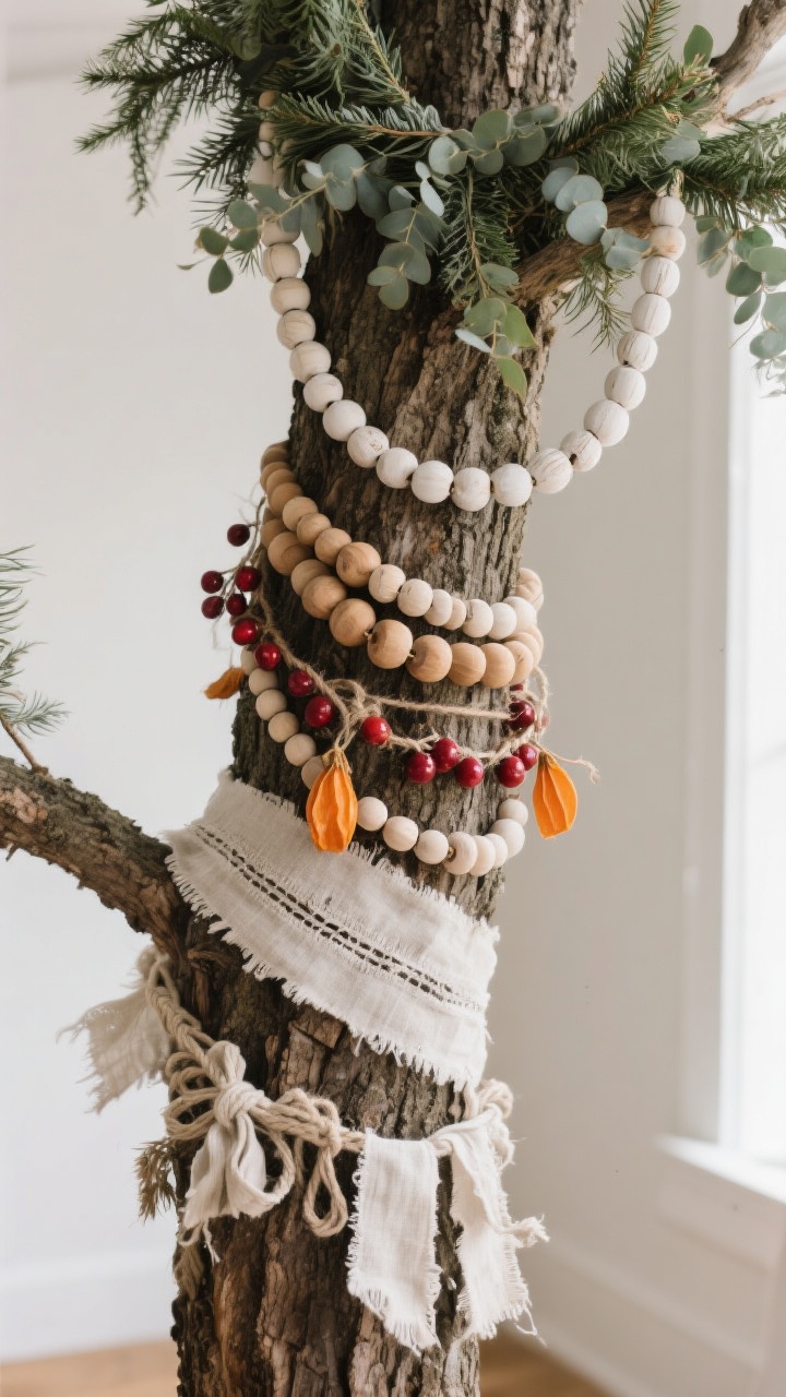 Medium shot from a corner angle highlighting the “flair stack” on a rustic tree: layered wood bead garlands (two sizes, natural and whitewashed) draped softly, a dried orange and cranberry garland threaded with twine, and a homespun fabric strip garland made from torn cotton/linen knotted end-to-end. Weave a wispy faux cedar/eucalyptus garland through the branches for fullness. Ribbon is wide and relaxed (