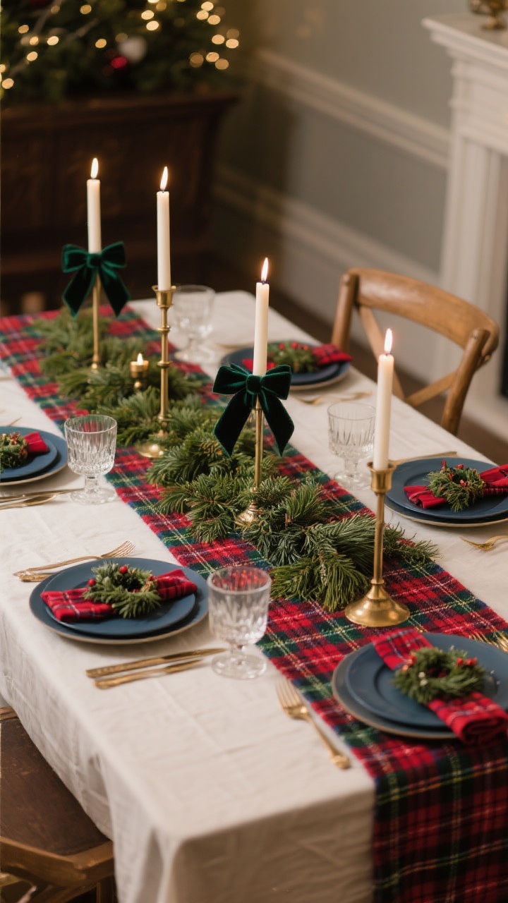 Medium shot from a corner angle of a classic Christmas table: a bold plaid runner (tartan or buffalo check) as the base; a low line of boxwood or cedar greenery down the center; slim candlesticks adorned with velvet ribbon bows, matching ribbon on napkins or mini wreaths; dominant plaid color (red/green/navy) echoed in candles or glassware; solid plates and simple napkins to keep patterns restrained; a few warm brass accents for glow; cozy evening candlelight.
