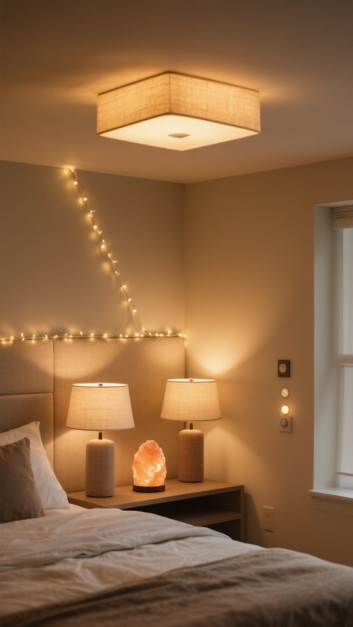 Medium shot from a corner angle: the “cozy lighting triangle” in action—a warm-dim ceiling fixture (2700K) providing ambient light, matching bedside shaded lamps as task lights with linen or parchment shades, and a soft glow layer from a salt lamp and a subtle strand of string lights along a headboard; include a smart dimmer on the wall or dimmable bulbs for easy transition from work to unwind; overall golden, puddled lighting with no harsh glare; calm, muted color palette; photorealistic.