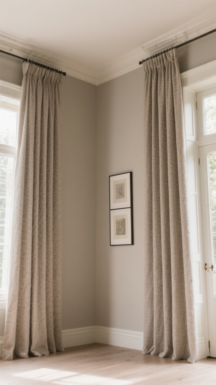 Medium shot from a low angle: Vertical elevation tricks—ceiling-to-floor curtains in a solid, textured neutral hung high and wide, walls, trim, and doors painted tone-on-tone in a warm greige, with the ceiling a half-shade lighter. A slim vertical art arrangement hung slightly higher than usual draws the eye up. Soft, diffuse daytime lighting enhances the seamless envelope and added height illusion.