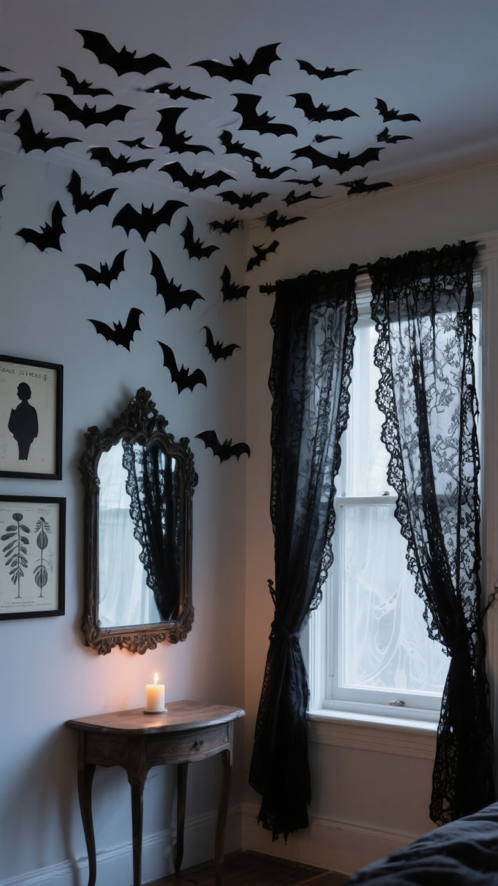 Medium shot from a slight angle capturing a wall-and-window scene with subtle haunts. On the wall: a dense cluster of removable bat decals forming a “bat cloud” that starts at a side table and flies up to the ceiling, varied sizes for realism; frames swapped to black-and-white botanical prints, medical illustrations, and vintage silhouettes; a framed mirror draped with a black lace/sheer scarf for an eerie reflection. On the window: torn cheesecloth or black lace panels as ghostly curtains, frosted film with Victorian etched patterns, and a single LED candle on the sill for an old-world flicker. Photorealistic, dusk lighting, no people.
