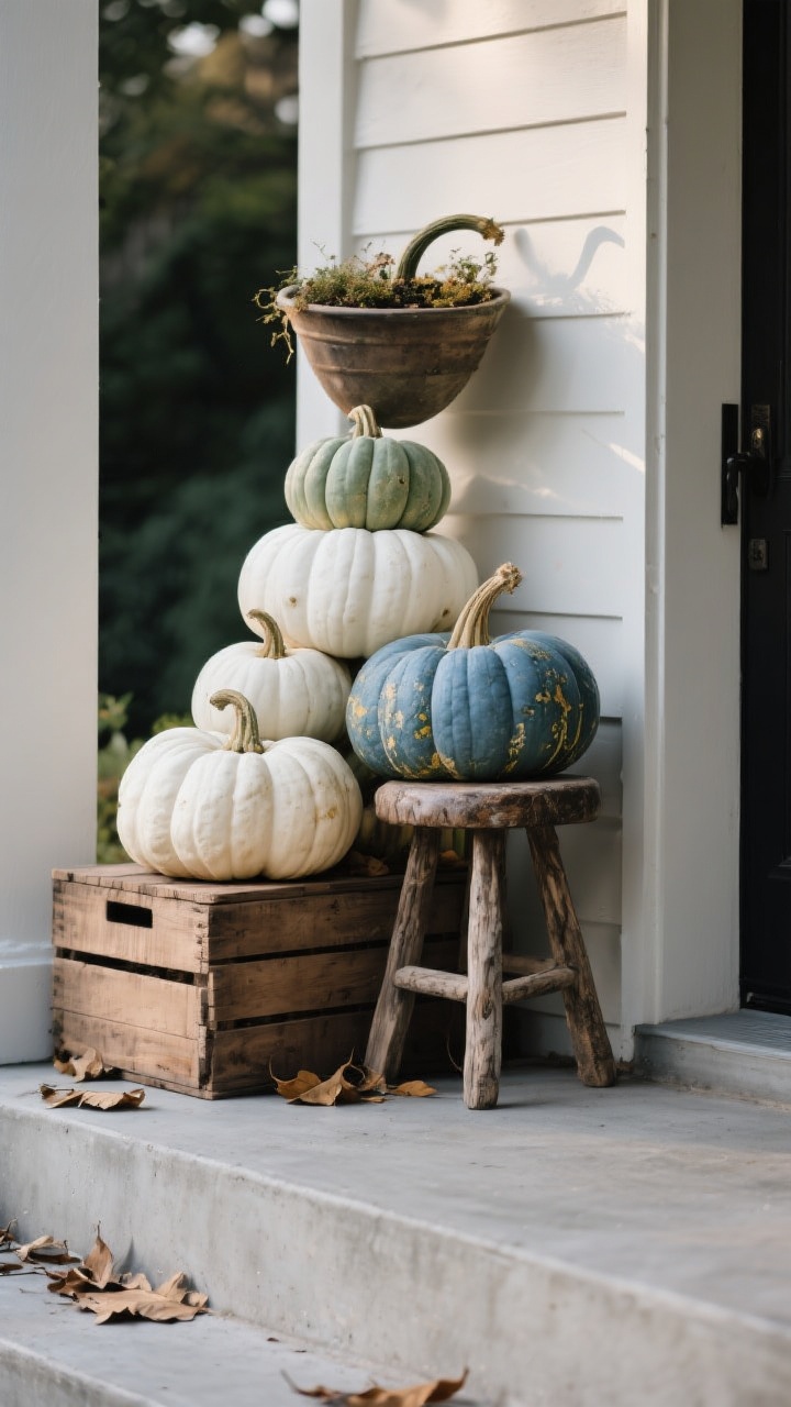 Medium shot from a slight corner angle of a dramatic pumpkin stack vignette on a porch: clusters in odd numbers featuring white, sage, Cinderella, and heirloom blue squash; varied heights using rustic stools, wooden crates, and an upside-down planter; subtle shade lighting to suggest longevity; natural leaves scattered lightly; a matte concrete step backdrop; crisp, photorealistic detail showing stems and matte skin texture.