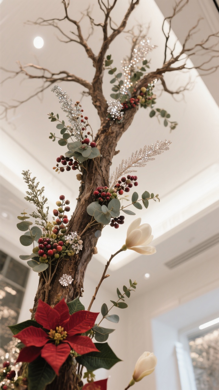 Medium shot from a slight upward angle: A tree intensified with floral picks and sprays—eucalyptus, berry clusters, and glittery branches tucked into bare spots; sprays angled upward near the top to extend the silhouette; a few standout floral stems in coordinating palette such as poinsettias and magnolia; gentle sparkle and editorial drama under warm white lights, photorealistic.