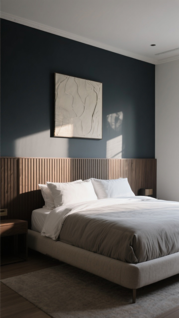 Medium shot from the foot of the bed: A low-key focal wall behind the headboard painted one shade darker than the other walls, featuring subtle slat-wood millwork for texture and a single oversized art piece centered for calm, not clutter; gentle afternoon light grazing the texture for depth without drama.