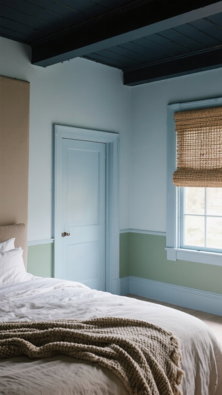 Medium shot highlighting a soothing color story: walls, trim, and door color-drenched in a soft misty blue with low-contrast layers of gentle greens and taupes; pale walls with a dramatic dark ceiling for depth; linen bedding, a nubby textured throw, and a woven window shade provide tactile interest; diffuse daylight, calm and open mood