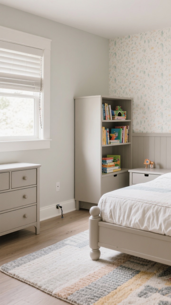 Medium shot highlighting safety and durability choices in a kids’ room: a sturdy dresser and bookcase visibly anchored to the wall; washable matte paint and a panel of removable wallpaper behind the bed; a low-pile, machine-washable rug with a non-slip rug pad peeking underneath; rounded furniture corners and cordless window shades. Cords are neatly managed with clips and covers along the baseboard. Bedding is machine-washable in neutral tones, lit by soft natural light to emphasize clean, resilient materials.