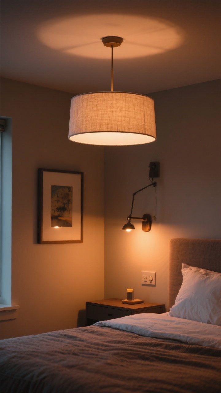 Medium shot: Layered lighting vignette beside a bed, featuring a soft-glow semi-flush ceiling fixture with a fabric shade, paired with a wall-mounted swing-arm sconce above a nightstand-free wall, plus a tiny picture light illuminating a small framed artwork. Warm bulbs at 2700–3000K with a visible dimmer switch on the wall. Evening mood with cozy, amber light pooling on the bedding and a gentle glow on the art.