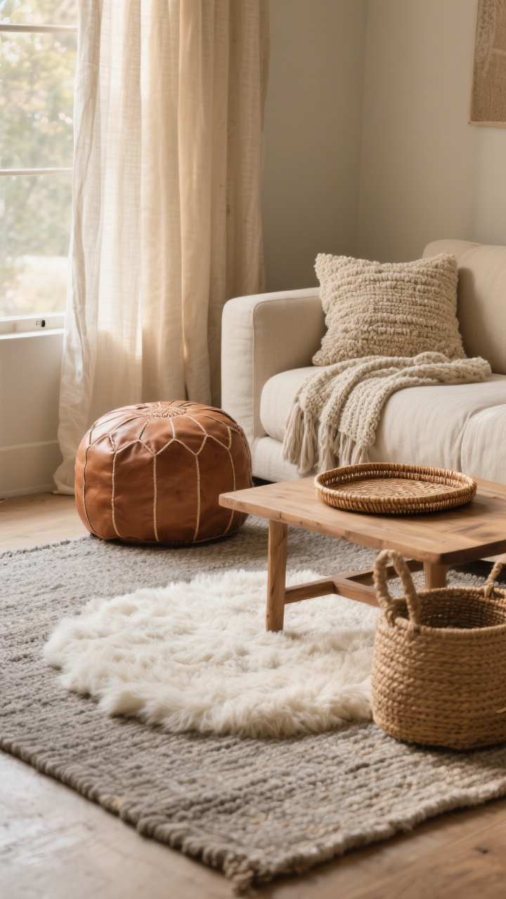 Medium shot, living room corner: layered textures showcase a “rug sandwich” with a flat-woven greige base rug under a smaller fluffy ivory rug; linen curtains filter warm daylight, a boucle pillow and knit throw sit on a neutral linen sofa, and a caramel leather pouf anchors the scene; include a rattan tray on a natural wood coffee table and a jute basket beside it; color story in warm neutrals with subtle camel and cream tones; photorealistic, soft natural lighting emphasizing fabric weaves and tactile contrast.