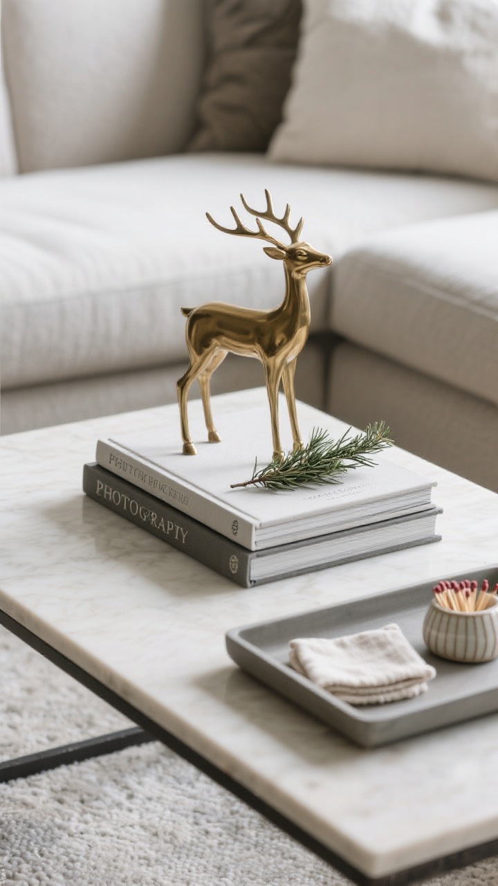 Medium shot, low angle from sofa height: A coffee table styled by the rule of three—two winter-toned coffee table books (photography/design titles) stacked neatly, topped with a sculptural brass reindeer as the focal object, and a small sprig of cedar or rosemary laid casually on top. Nearby, a separate functional vignette for a larger table: a minimal tray with linen-wrapped coasters and a ceramic match striker. Palette remains cohesive and quiet. Even, soft daylight with gentle shadows; keep stacks low for sightlines. No people.
