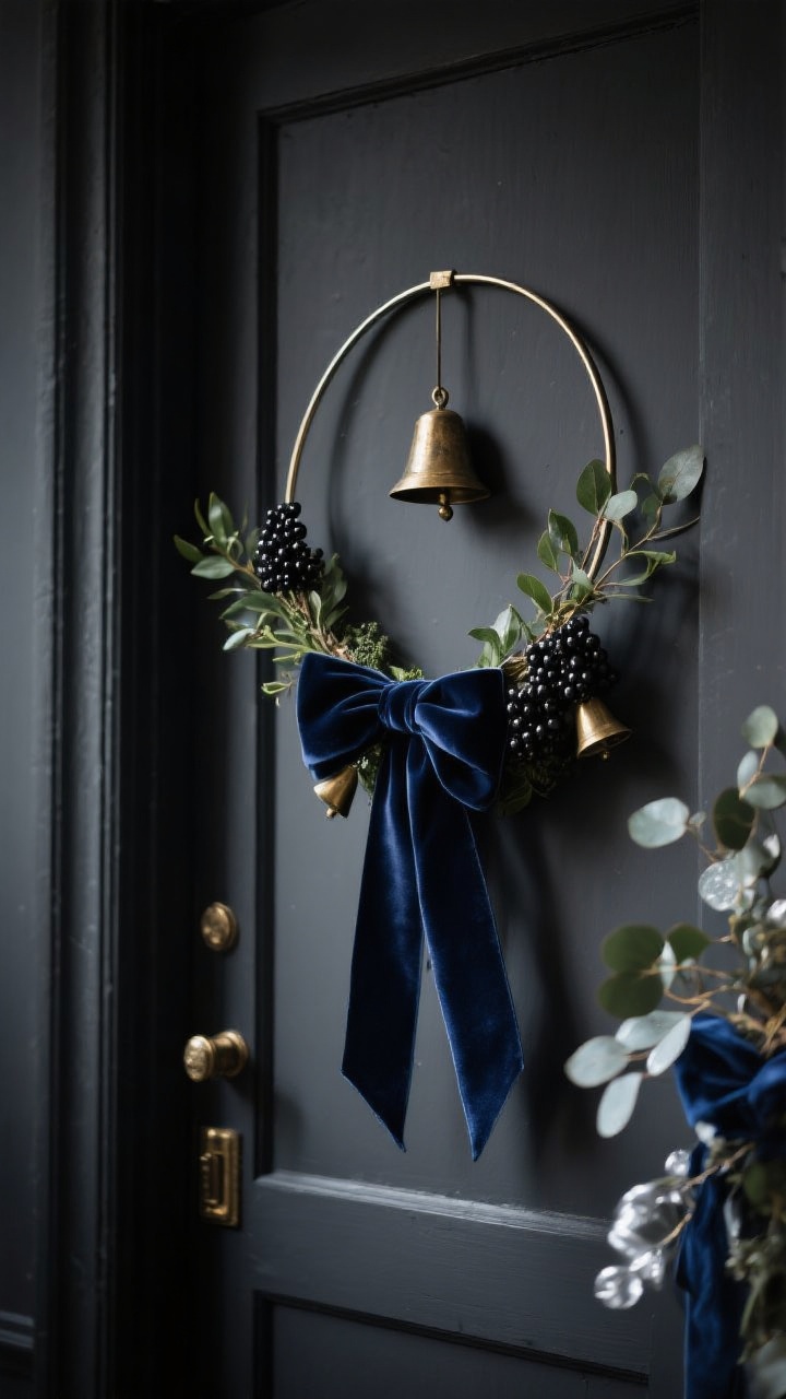 Medium shot, moody scene of a minimalist metal hoop wreath on a charcoal door; slender hoop base with sparse olive greenery; dark, ink-blue velvet ribbon tied in a sleek bow; aged brass bells and black berry clusters as metallic accents; optional variation areas showing navy + silver frosted eucalyptus elements; low, dramatic lighting with soft highlights on brass and ribbon to emphasize a fashion-forward, dark palette; photorealistic