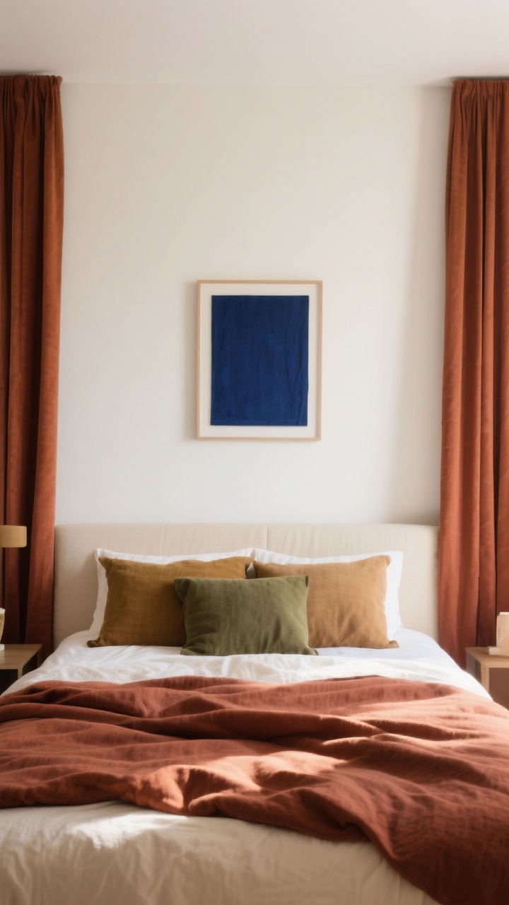 Medium shot of a bed against warm white walls showing an earthy palette: cream and warm white base, layered rust, clay, and tobacco-toned duvet and curtains; a single bold wildcard accent in deep indigo via a throw or framed art above the headboard. Include olive and camel hints in textiles. Gentle afternoon light, soft shadows, photorealistic, slightly angled perspective to showcase color depth. No people.