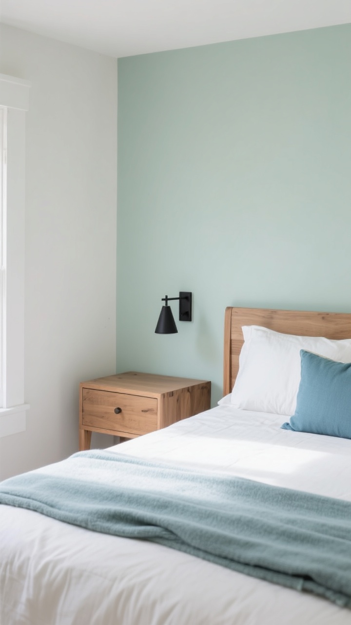 Medium shot of a calming color story: a guest room corner with sage-painted walls, ivory bedding, and matte black accent hardware on a simple wood nightstand; coastal calm elements via misty blue throw pillow and warm white walls on an adjacent plane; natural wood bed frame in light walnut tone; a restrained pop of color in a folded blanket at the end of the bed; soft, even daylight for a soothing mood.