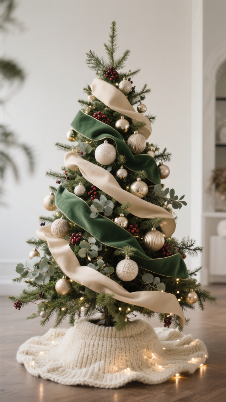 Medium shot of a Christmas tree styled to a cohesive theme: start with two wide ribbons (champagne and forest green) tucked in soft S-curves; large ornaments placed deep in the branches, medium ornaments mid-layer, small ornaments on the tips; textured picks of berries and eucalyptus added for depth; base finished with a chunky knit cream tree skirt hiding the stand; warm white lights, photorealistic.