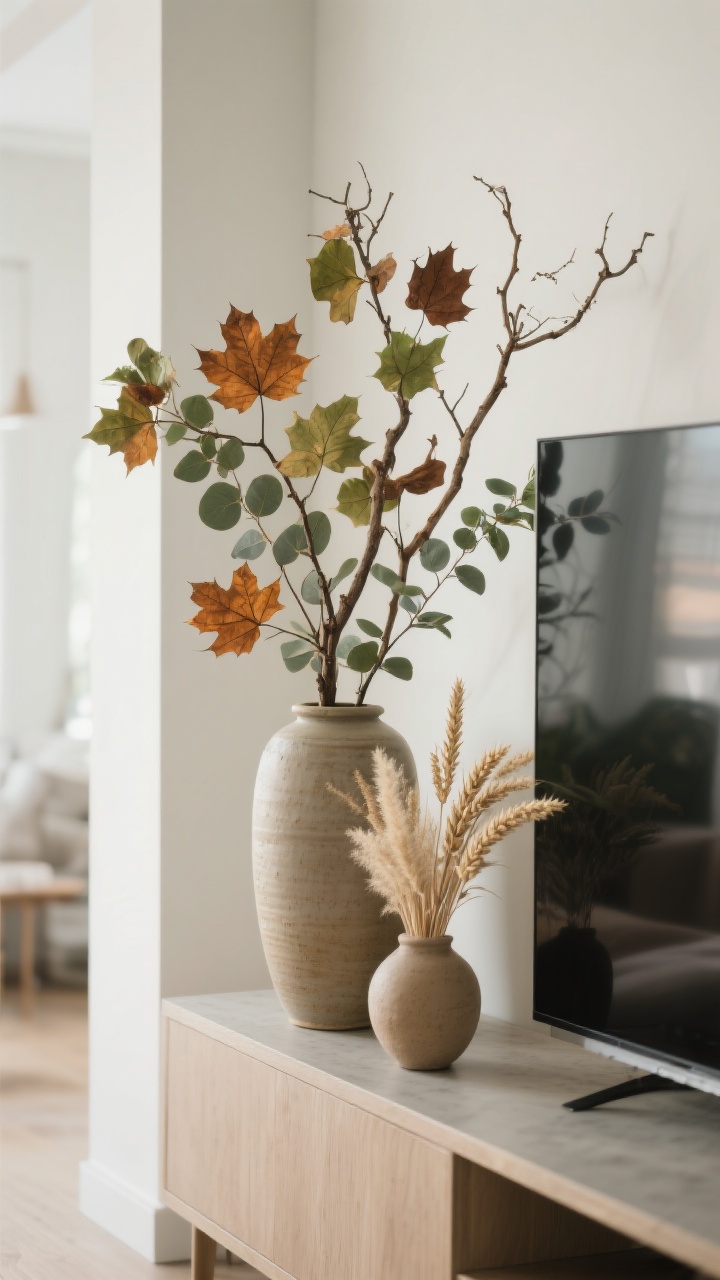 Medium shot of a console area with natural branches and greenery: a tall ceramic vase filled with maple and oak branches turning shades of amber and olive, complemented by a few eucalyptus stems for softness; dried wheat and pampas grass gathered in a smaller vessel nearby; placed near a TV to soften edges; soft, diffused daylight, clean modern styling.