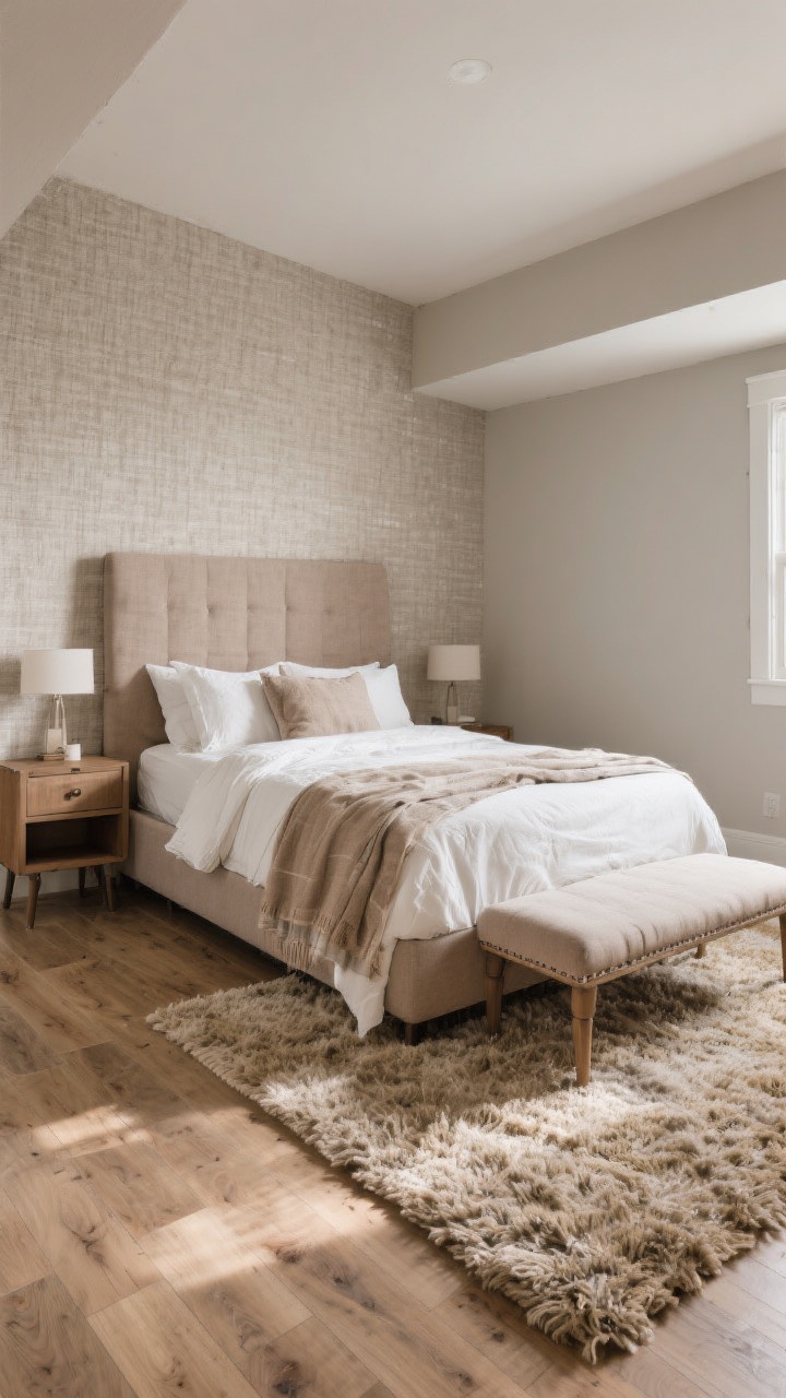 Medium shot of a cozy basement bedroom corner emphasizing warmth and texture: luxury vinyl plank flooring in a light oak tone with a large plush area rug (extends under bed, nightstands, and a bench), soft greige walls or faux-linen textured wallpaper, insulated/drywalled surfaces for a snug feel. Include a fabric-upholstered headboard and layered linen bedding in warm whites/taupe. Gentle warm lighting; subtle shadows to convey insulation and coziness. Focus on tactile surfaces: grasscloth/faux-linen wallcovering, thick rug pile, and wood-look LVP that resists moisture.