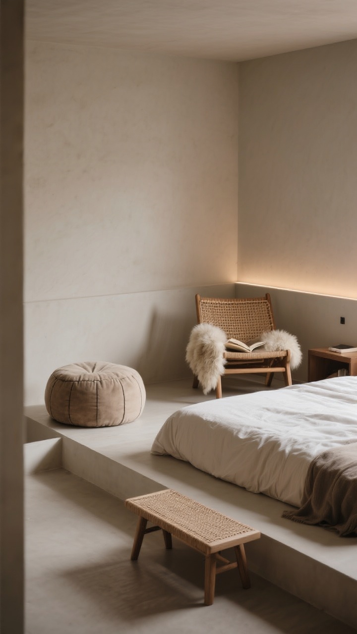 Medium shot of a cozy, low-key layout: low platform bed creating a grounded feel; a pouf and a rattan chair draped with a sheepskin forming a casual reading nook; a small woven bench at the foot of the bed with clear walking flow around it. Soft edges, relaxed arrangement, warm ambient light, slightly elevated corner perspective to show circulation. No people.