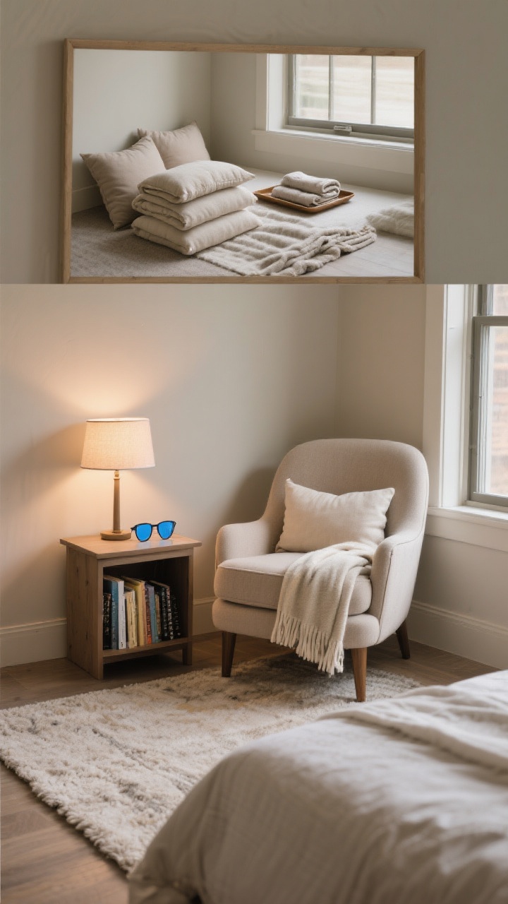 Medium shot of a cozy reading nook in a bedroom corner: a comfy slipper chair with a lumbar pillow and a folded throw blanket, a small side table with a lamp and a lower shelf holding books, a soft rug underfoot, and blue-light glasses with a bookmark on the tabletop; optional alt setup in-frame: stacked floor pillows by a window ledge with a tray and a neatly folded heated throw; warm, inviting lamplight; no people