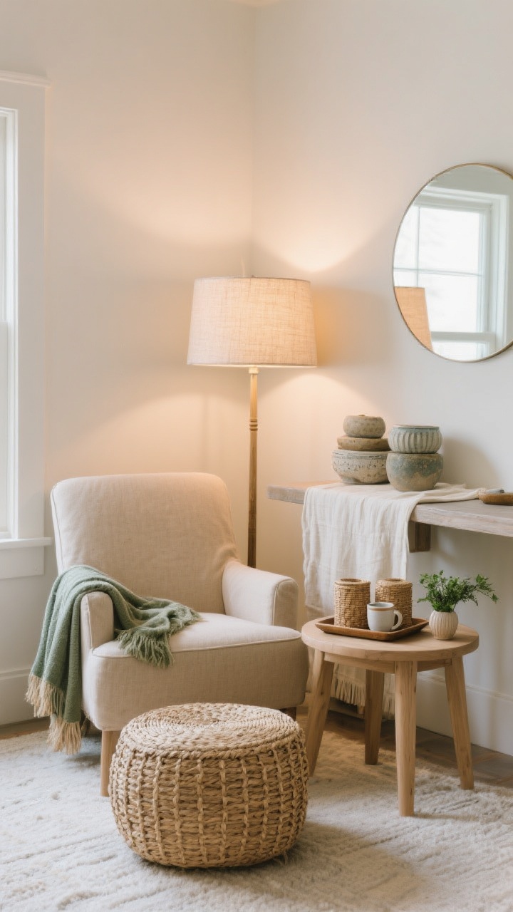 Medium shot of a cozy reading nook you’d actually use: a sand-colored slipcovered chair with a sage throw, woven seagrass ottoman, a warm LED floor lamp with a linen shade, and a small light oak side table holding a tray with two ceramic mugs, rattan canisters, and a tiny vase of greens; nearby wall with round mirror reflecting soft light; linen runner draped on a narrow console behind, mismatched stoneware stacked casually; relaxed, lived-in coastal mood, soft ambient lighting, corner perspective.