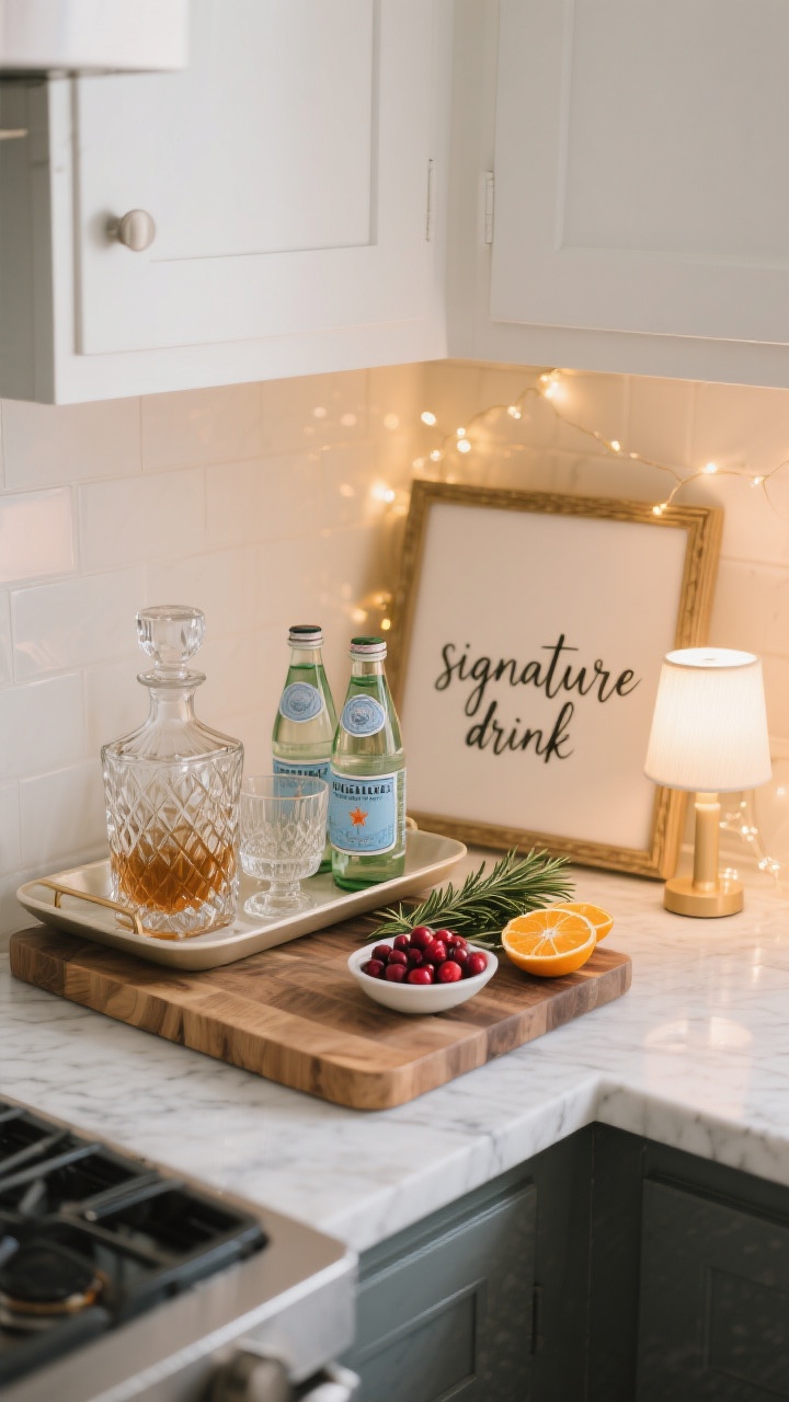 Medium shot of a curated holiday bar nook on a kitchen counter: a rectangular tray with glassware, a faceted decanter next to sparkling water bottles, small dishes of rosemary sprigs, cranberries, and dried oranges; a petite lamp or twinkle lights adding a warm glow; a small framed “signature drink” sign leaning behind; clean marble or butcher-block surface.