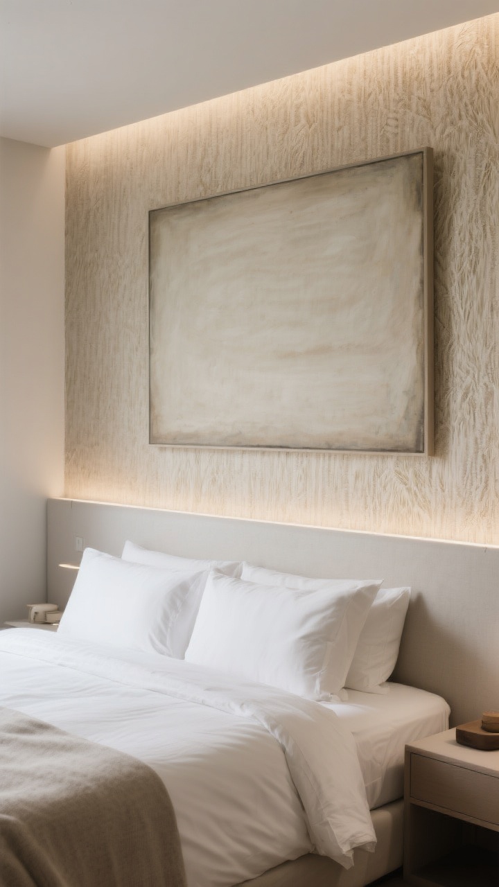 Medium shot of a curated one-wall feature above the bed: a single oversized artwork in tonal hues matching the room’s palette, or a subtle textured wallcovering like grasscloth for depth; the rest of the room kept minimal with clean bedding and restrained decor; soft, indirect lighting emphasizing texture; calm, sophisticated focal-point mood