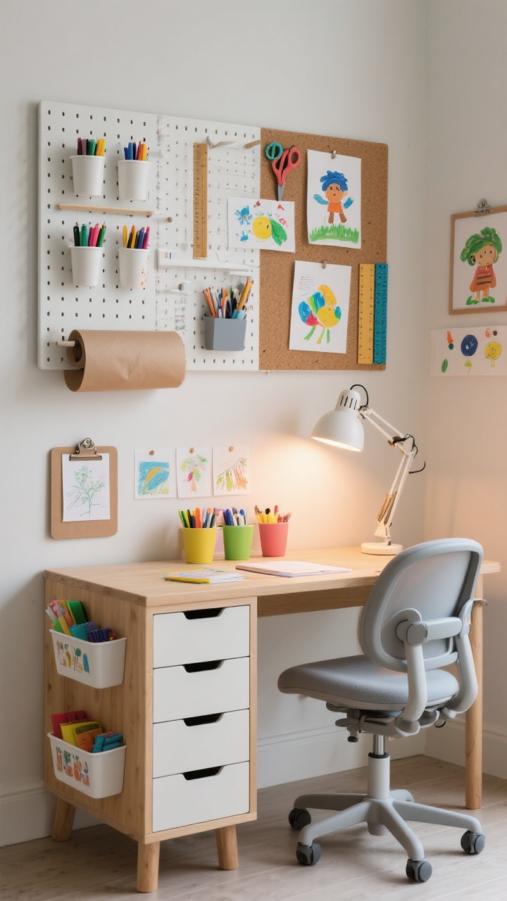 Medium shot of a flexible art and homework station: a kid-sized desk with drawers and add-on bins, paired with an adjustable chair. Above the desk, a wall-mounted organizer system combines a white pegboard with cups for markers, magnetic strips for scissors and rulers, and cork tiles pinning kids’ artwork. Warm LED task lighting from a swivel desk lamp creates a focused glow. A wall-mounted paper roll holder feeds kraft paper across the desktop; a small clipboard gallery lines up for rotating masterpieces. Clean, modern, adaptable.
